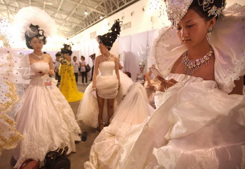 Fancy wedding gowns on display
