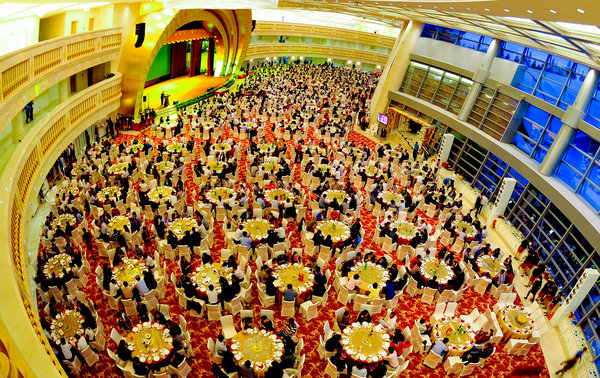 A party with 1,200 guests is held in the newly built 328-meter-high hotel in Huaxi village, Sept 25, 2011. Lavish hotel opens in China's richest village