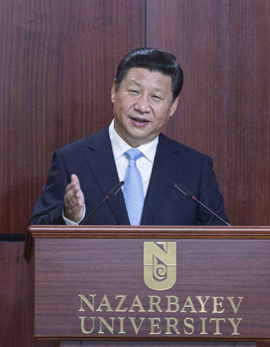 President Xi Jinping gives a speech at Nazarbayev University in Astana, Kazakhstan, on Saturday. Xi proposes a 'new Silk Road' with Central Asia