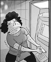 Woman plays tug-of-war with automatic teller