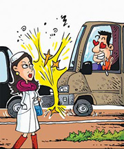 Pretty girl in mini skirt causes car crash