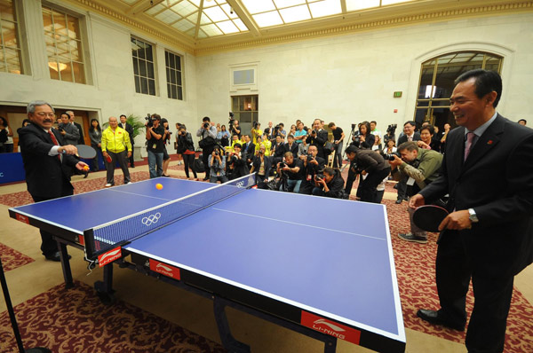 San Francisco Mayor Edwin Lee (left) and Vice-Minister of China's General Administration of Sport Cai Zhenhua (right) plays ping-pong to celebrate the 40th anniversary of ping-pong Diplomacy in San Francisco, July 5, 2011. China-US Ping Pong Diplomacy celebrated in US