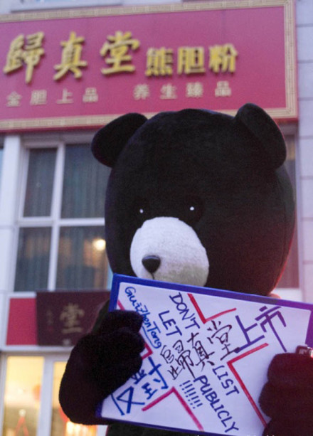 A photo posted on Sina Weibo, a Chinese micro-blogging service, shows a protester wearing a bear costume and holding an anti-Guizhentang sign in front of a Guizhentang store. Drug firm's use of bile, IPO plan under fire