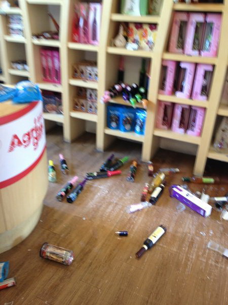 Bottles are scattered on the floor on the scene of the earthquake in Nantou county of Taiwan on Wednesday. 6.5-magnitude quake hits Taiwan: CENC