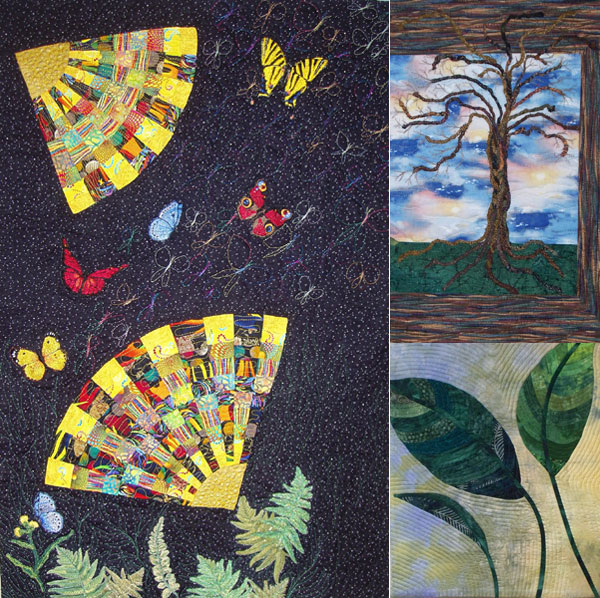 Finished quilts that Ginn uses to show her different stitching techniques include Butterfly Crossing (left), Twisted Tree (right top) and Leaf Study (right bottom). Stitches in time