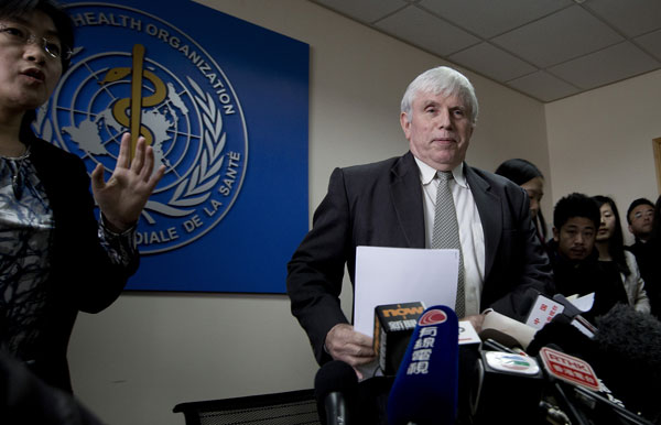 Michael O’Leary, head of the World Health Organization’s office in China, arrives for a media briefing at the WHO office in Beijing on Friday. The organization said there is no evidence that a new strain of bird flu in China is spreading easily among humans. Andy Wong / associated press H7N9 flu transmission studied