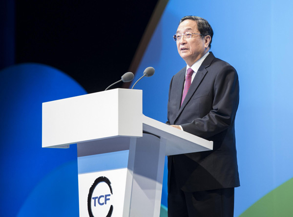 Top Chinese political advisor Yu Zhengsheng makes a speech at the second annual conference of the World Cultural Forum (Taihu, China) in Hangzhou, Zhejiang province, May 18, 2013. China calls for intl green efforts