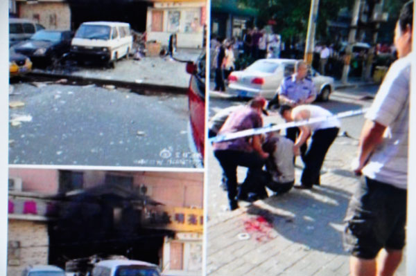 Combination photos show the explosion site outside a bakery in Beijing, July 24, 2013. 2 killed in Beijing bakery blast