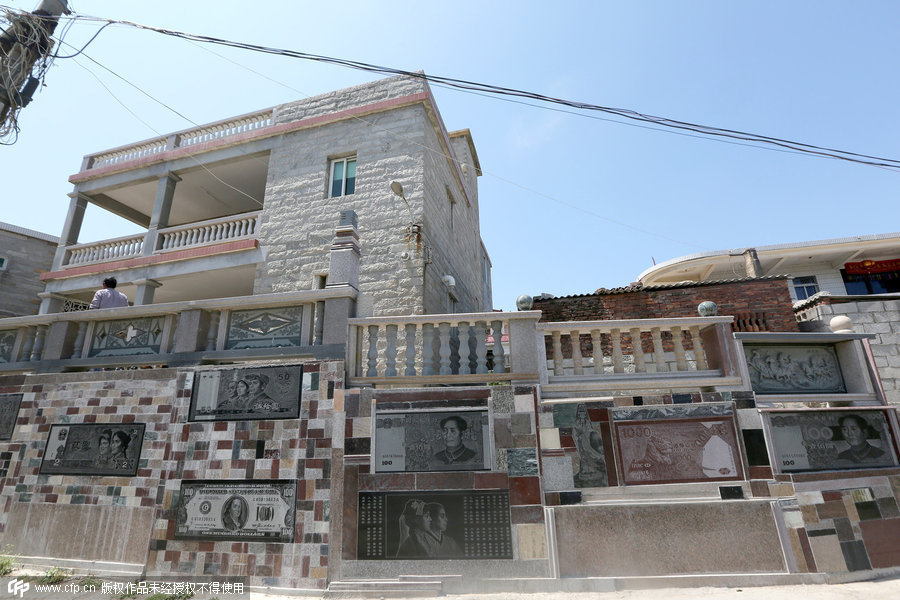 Villager decorates wall with banknote images