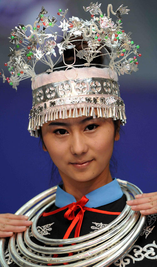 A headdress and neck accessories from the Dong ethnic group are part of a fashion show in Southwest China’s Guizhou province, on Sept 9, 2011. Ethnic style showcased in Guizhou