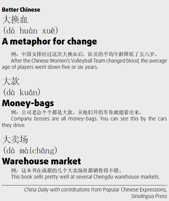大換血 a metaphor for change; 大款 money-bags; 大賣(mài)場(chǎng) warehouse market