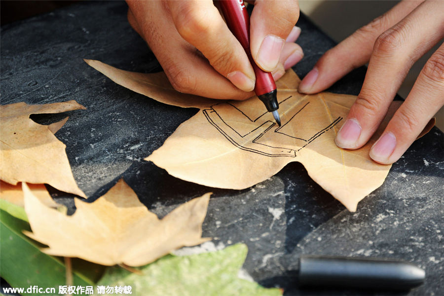 Creative paintings on leaves portray campus scenes