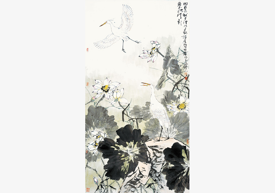 Ink made birds and flowers on display