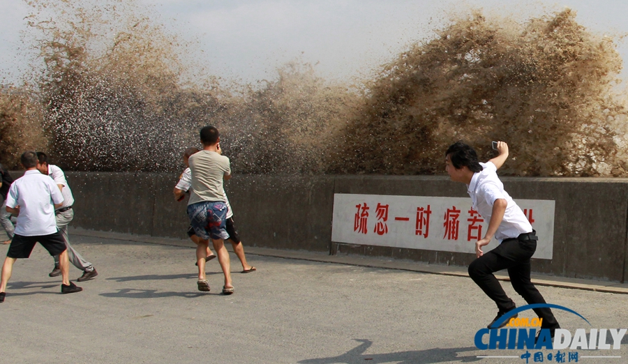 錢江潮水兇險 觀潮者驚慌而逃[高清組圖]
