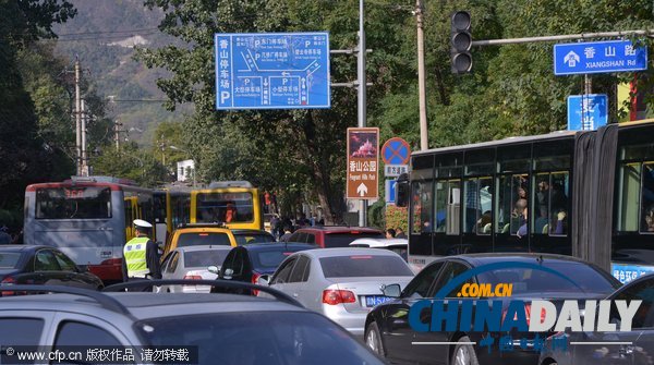 北京:香山紅葉迎來賞紅高峰 停車場8點(diǎn)就滿了