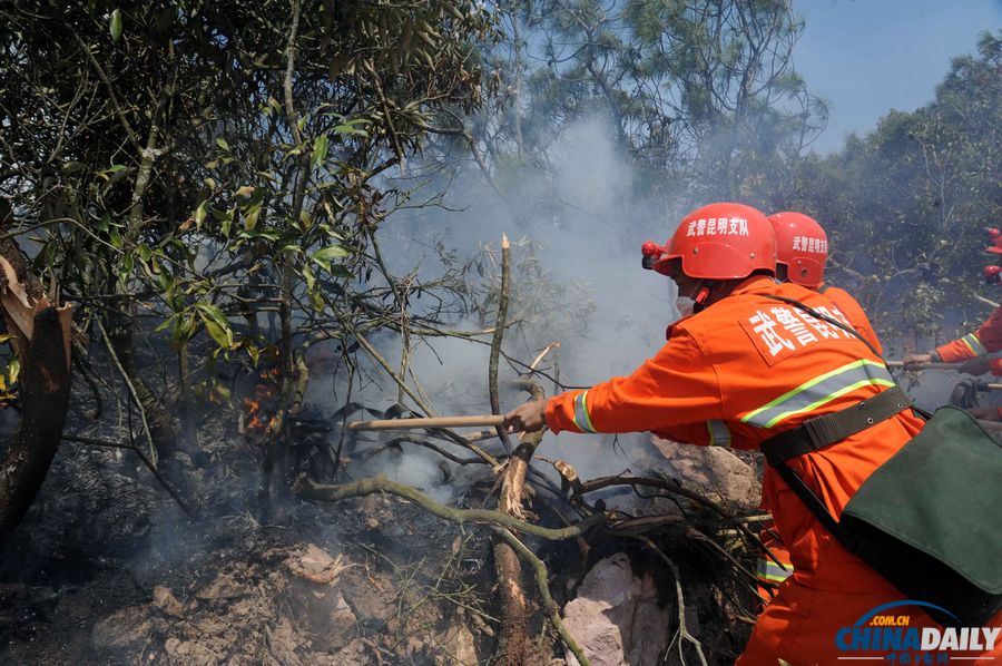 云南富民突發(fā)森林火災 200名武警撲滅明火