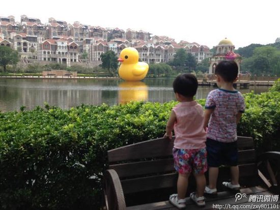 泉州鯉湖現15米高“大黃鴨” 市民紛紛拍照留戀