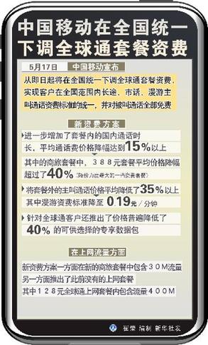 中國移動在全國統(tǒng)一下調全球通套餐資費