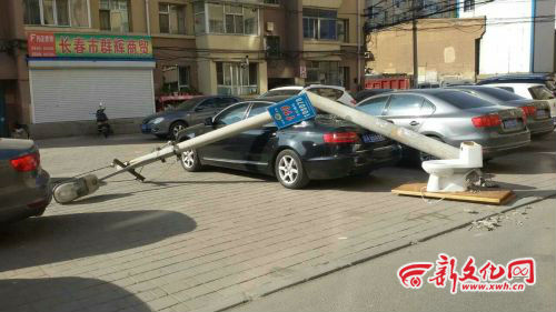 二三小區內路燈桿被撞斷 奧迪“躺槍”被砸
