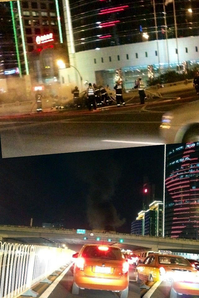 國貿橋一轎車自燃 火光沖天