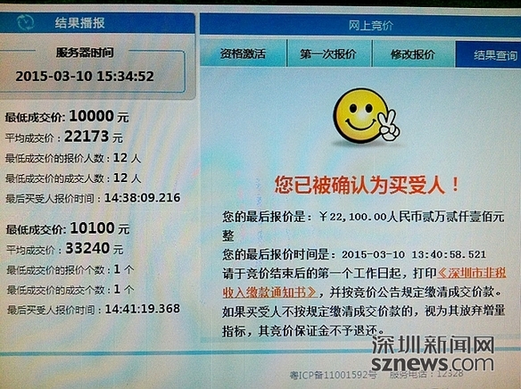 深圳小汽車號牌首次競拍 競買人全部成交