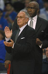 Larry Brown claps hands as the Miami Heat play a NBA playoff game against the Detroit pistons. [Reuters] new york knicks