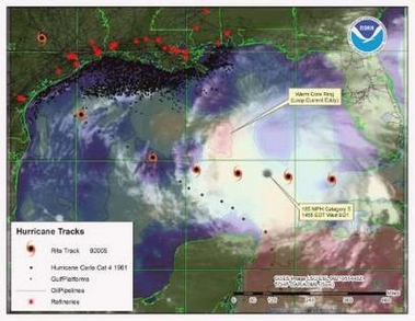 NOAA composite satellite and data image rendered on September 21, 2005, of Hurricane Rita in the Gulf of Mexico as a Category Five storm on the Saffir-Simpson hurricane scale with U.S. energy assets in the Gulf, including oil platforms and pipelines.