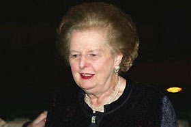 AP - Thu Nov 24, 3:43 PM ET Former British prime minister Margaret Thatcher arrives at the Guildhall Art Gallery in London for a reception to mark the publication of the book 'Margaret Thatcher, A Tribute in Words and Pictures' by Iain Dale, Thursday, Nov. 24, 2005.