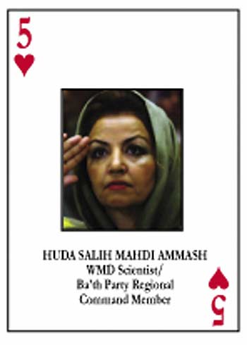 Huda Ammash, nicknamed "Mrs Anthrax" is seen on a deck of playing cards in this file picture provided by the U.S. Defense Department on April 11, 2003.