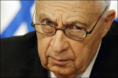 Israeli Prime Minister Ariel Sharon peers through his glasses during a press conference in January 2005.