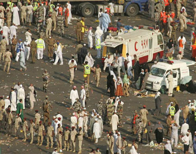 Muslim pilgrims tripped over luggage while hurrying to ritually stone the devil Thursday, causing a crush that trampled at least 345 people to death in the latest stampede to mar Islam's annual hajj.