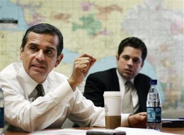 Los Angeles Mayor Antonio Villaraigosa, left, is interviewed Thursday, Feb . 9, 2006, at The Associated Press Los Angeles Bureau.
