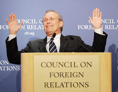United States Secretary of Defense Donald Rumsfeld reacts to a comment from the audience at the Council on Foreign Relations in New York February 17, 2006.