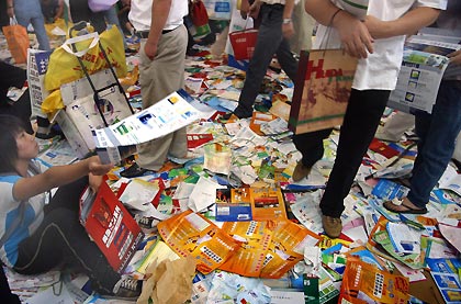 Leaflets cover floor at a Nanjing medical expo
