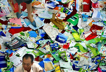 Leaflets cover floor at a Nanjing medical expo