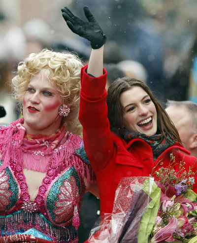 Anne Hathaway is all smiles during the Hasty Pudding Woman of the Year Parade