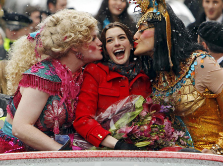 Anne Hathaway is all smiles during the Hasty Pudding Woman of the Year Parade