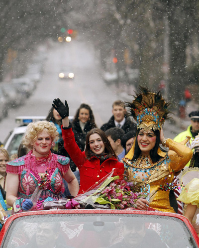 Anne Hathaway is all smiles during the Hasty Pudding Woman of the Year Parade