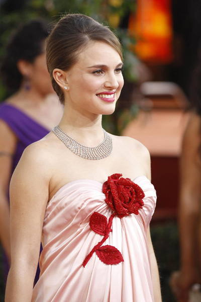 Natalie Portman arrives at the 68th annual Golden Globe Awards