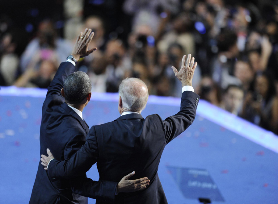 US President Barack Obama (L) and Vice President Joe Biden celebrate at the Democratic National Convention in Charlotte Sept 6, 2012, on which Obama formally accepted the Democratic Party's presidential nomination. Xinhua world images of the year 2012