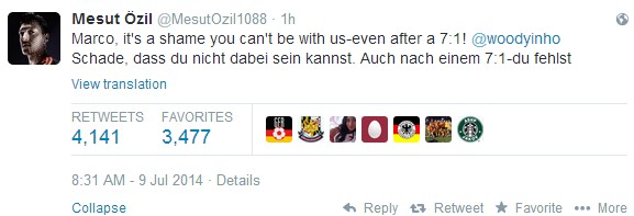 狂屠巴西 德國(guó)眾將賽后發(fā)推慶祝