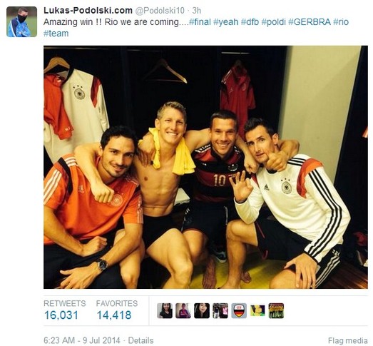 狂屠巴西 德國眾將賽后發推慶祝