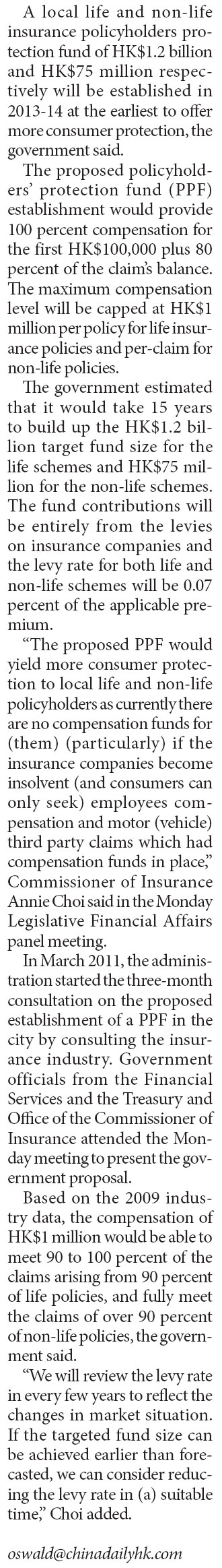 Insurance protection fund will be set up