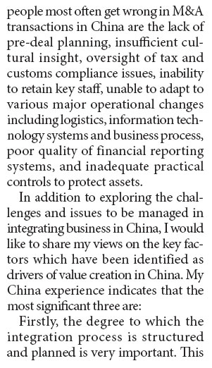 Merger and acquisition integration could be big challenge in China