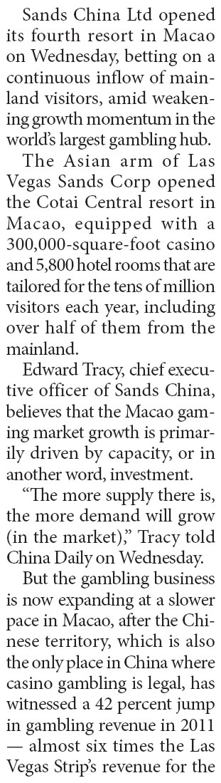 Sands China bets on mainland visitors with its fourth resort launched in Macao