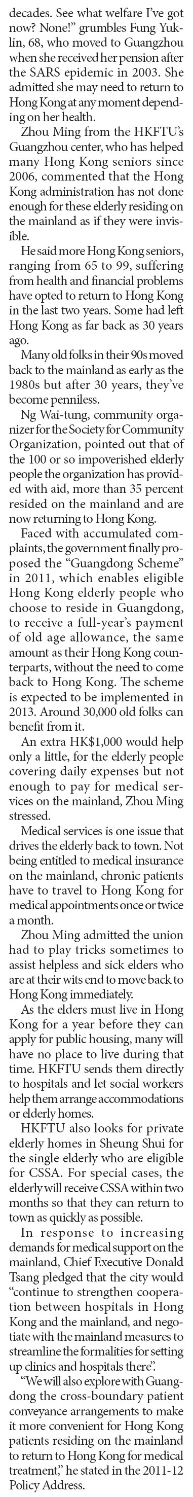 High living costs drive elderly back to Hong Kong