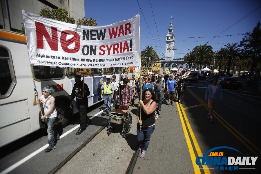 美國多地反戰游行 要求國會否決軍事打擊敘利亞提案