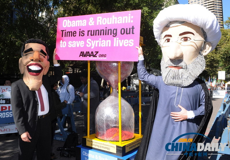 民間組織扮奧巴馬與魯哈尼 呼吁兩國助敘利亞結束內戰