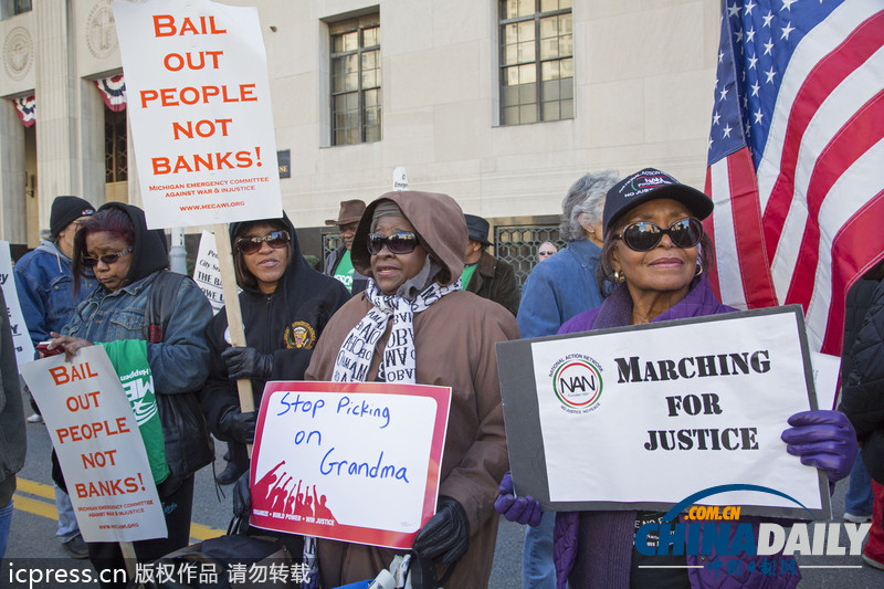 底特律破產(chǎn)案至今無(wú)解 市民游行抗議政府賴賬（圖）