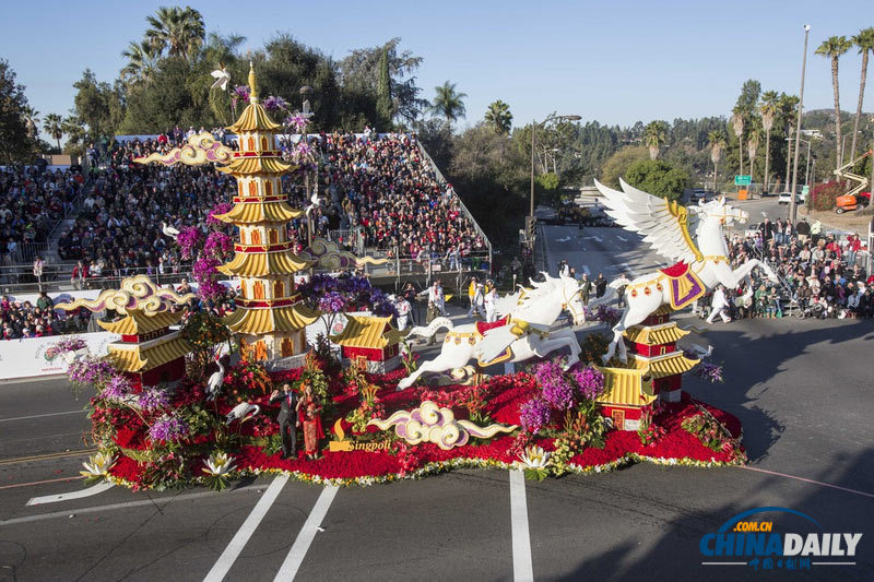 美國加州玫瑰花車游行迎馬年 中國元素花車獲獎